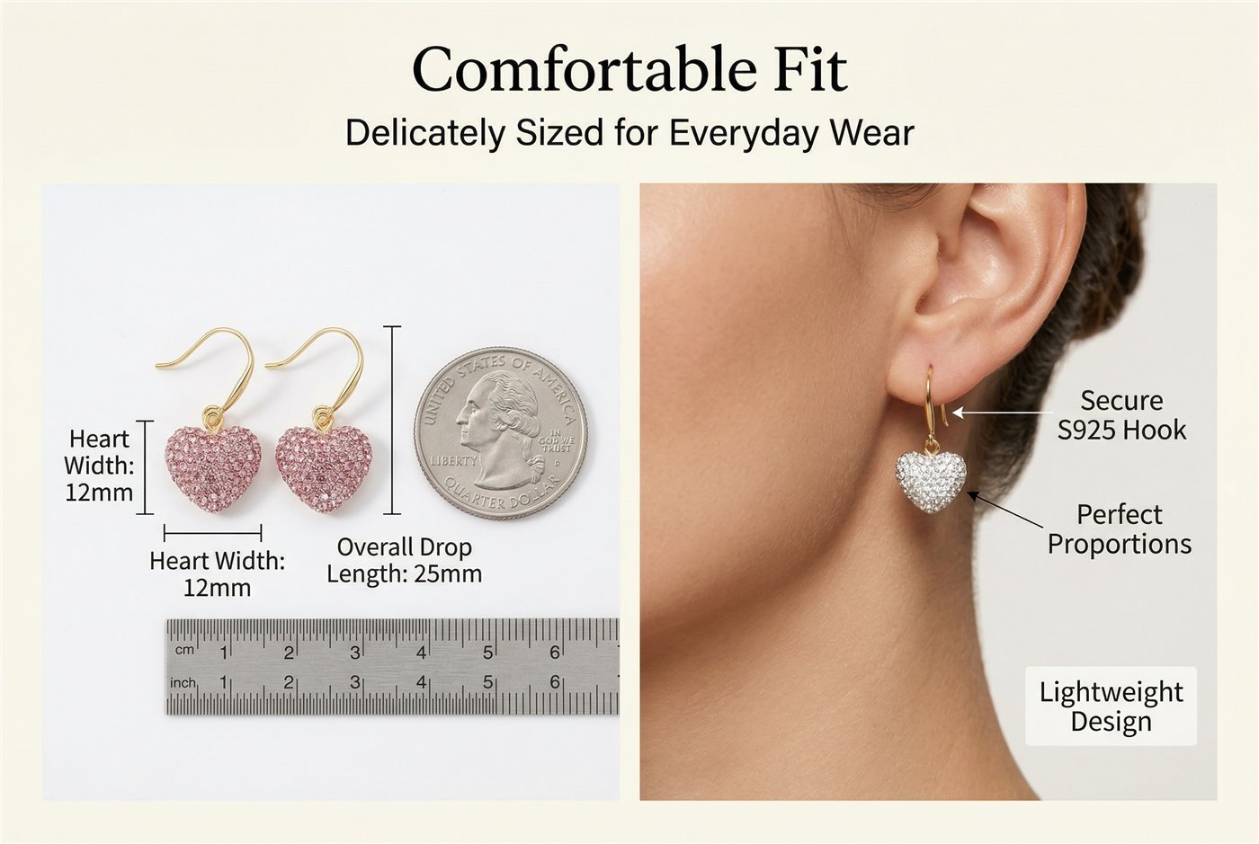 Comfort fit details for TASUNOM heart earrings
